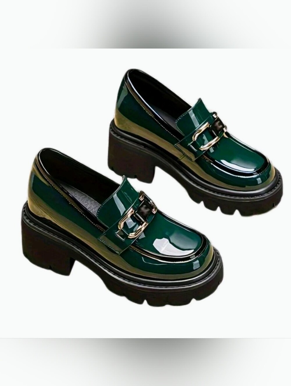 Chunky Green Patent Loafers with Gold Chain Accent